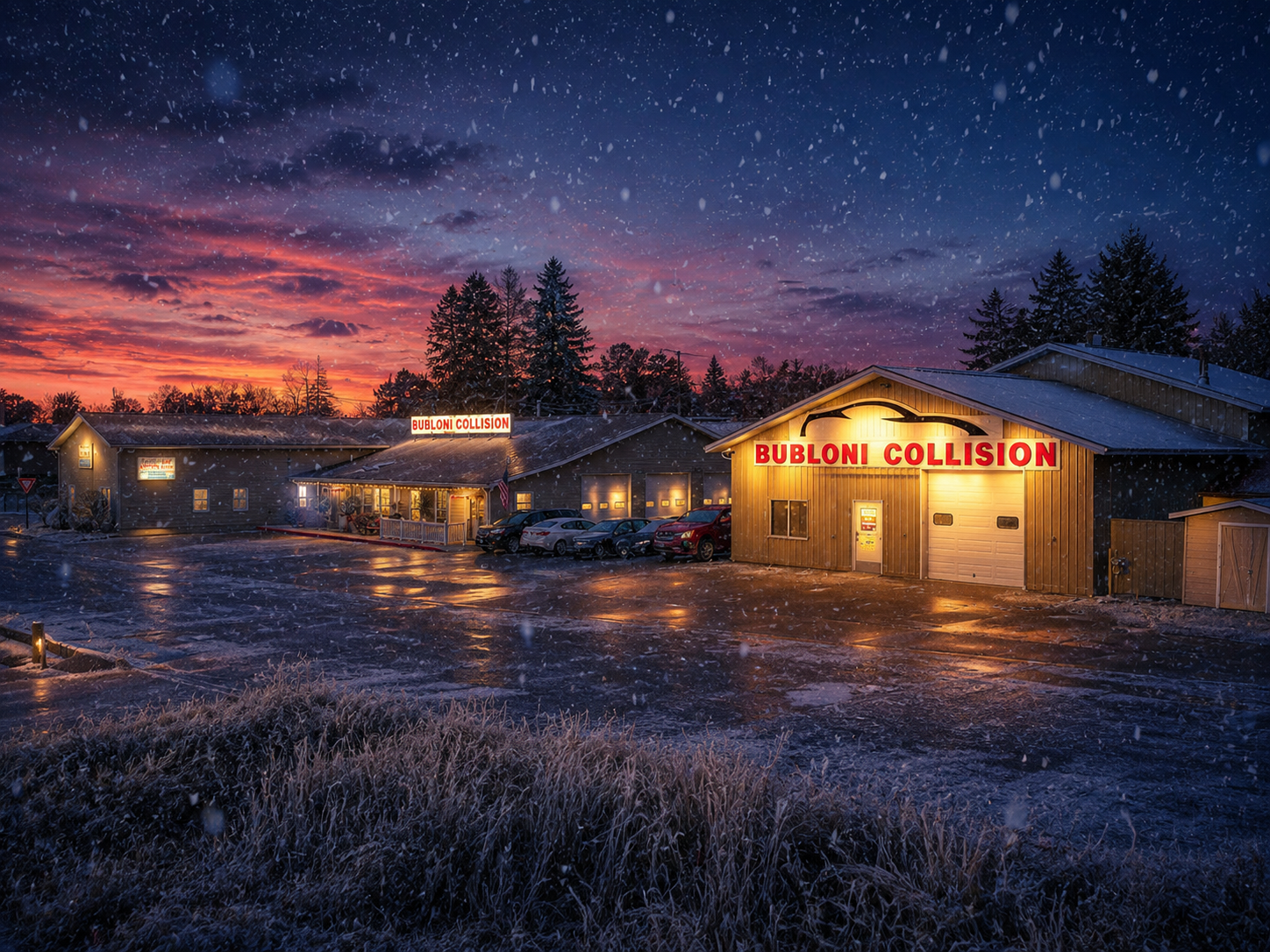 Bubloni Collision Center body shop in Iron Mountain at dusk, sign glowing against a snowy winter sky